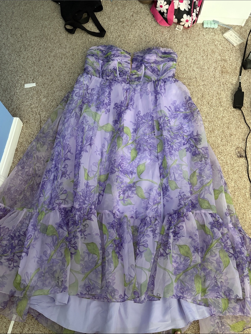 Strapless Lavender Floral Evening Dress